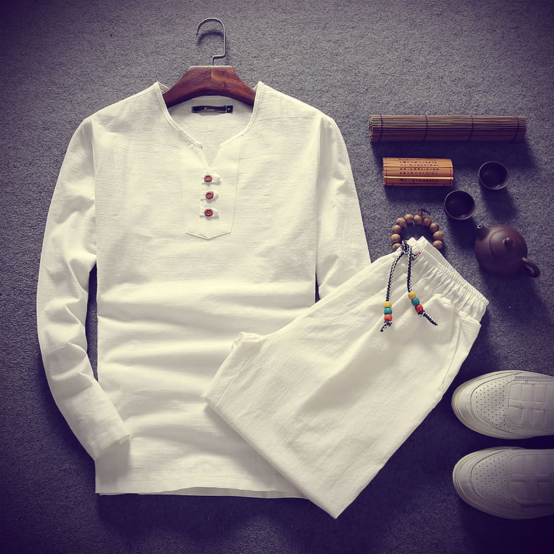 2017新款秋裝V領長袖T恤潮流大碼男帥氣時尚棉麻套裝男