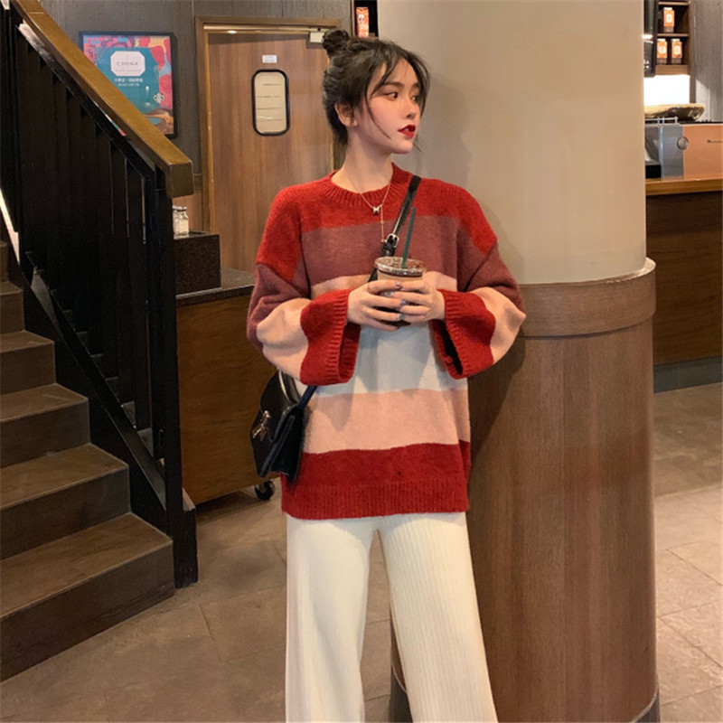 晚晚風套裝森女系秋冬季韓版時尚溫柔風針織衫腰綁帶針織褲兩件套