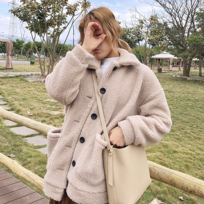 秋冬韓版新款純色學生百搭寬松復古羊羔絨翻領長袖夾克網紅外套女