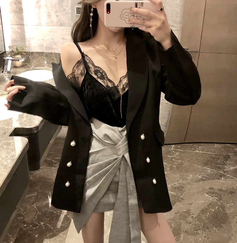 初秋溫柔風套裝女吊帶背心V領上衣西裝外套早秋網紅時尚兩件套潮