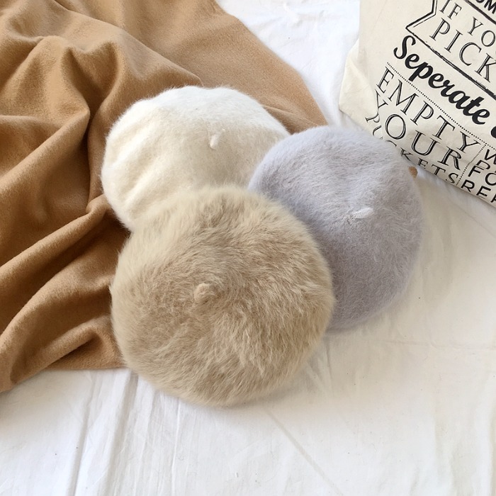 2018秋冬新款韓版復古chic風蓓蕾帽女甜美純色加厚針織兔毛貝雷帽