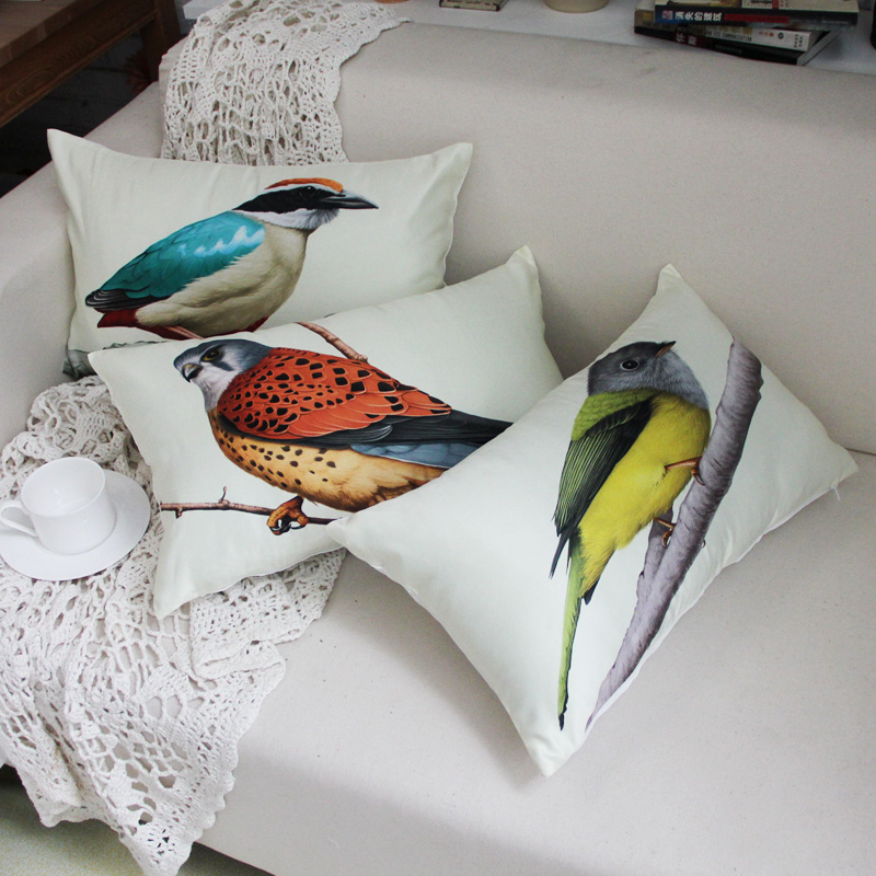 [白色莫奈]特價彩繪花鳥仿真絲緞加厚沙發腰靠墊抱枕含芯汽車腰靠