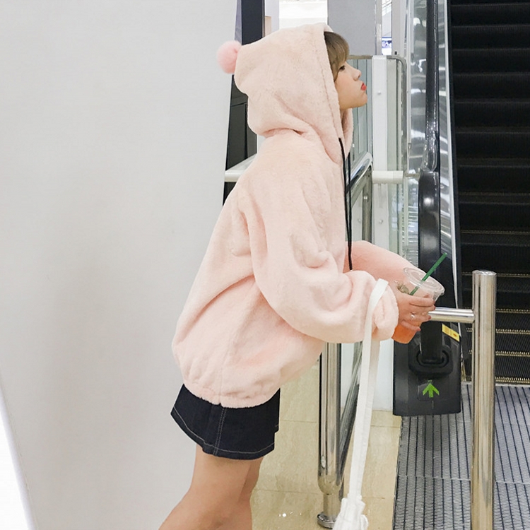 冬款甜美日系軟妹加絨加厚保暖連帽毛茸茸寬松套頭學生衛衣女