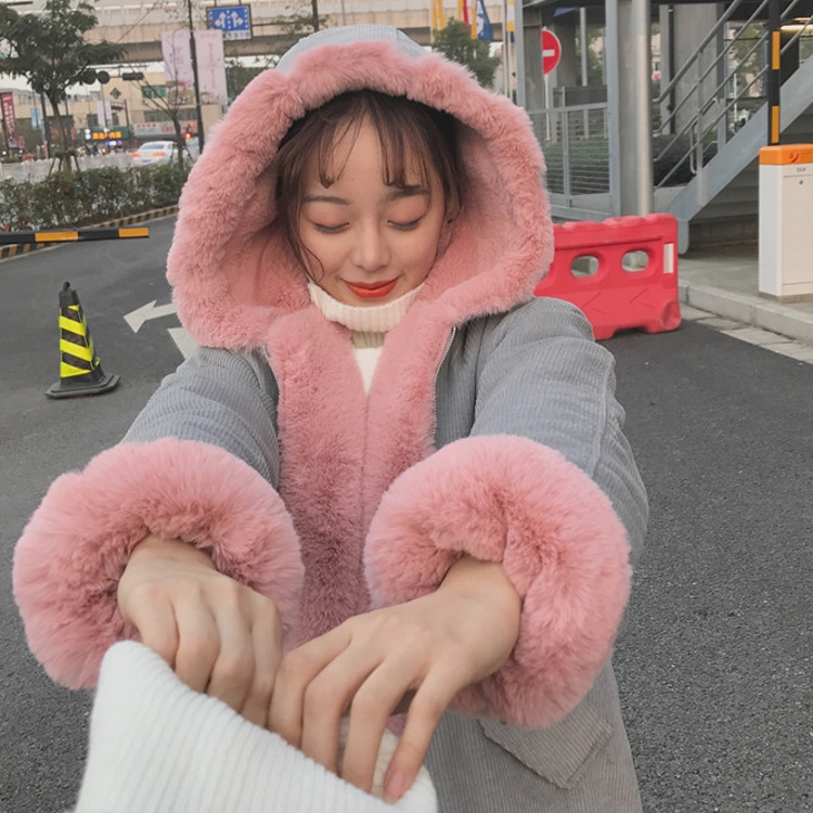 韓國冬款保暖加厚寬松中長款連帽燈芯絨學生棉服棉衣外套女