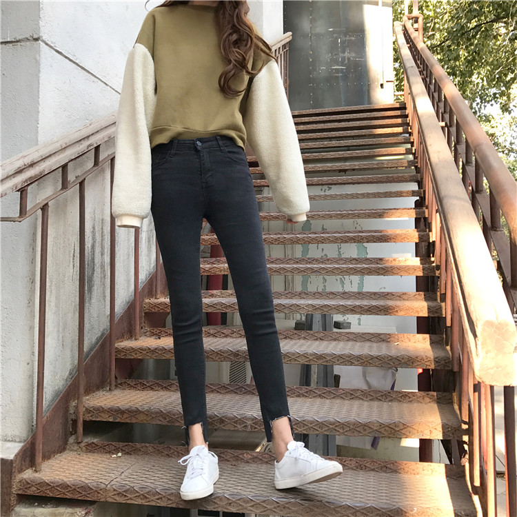 韓國冬款修身顯瘦高腰撕邊缺口緊身牛仔褲長褲小腳鉛筆褲女