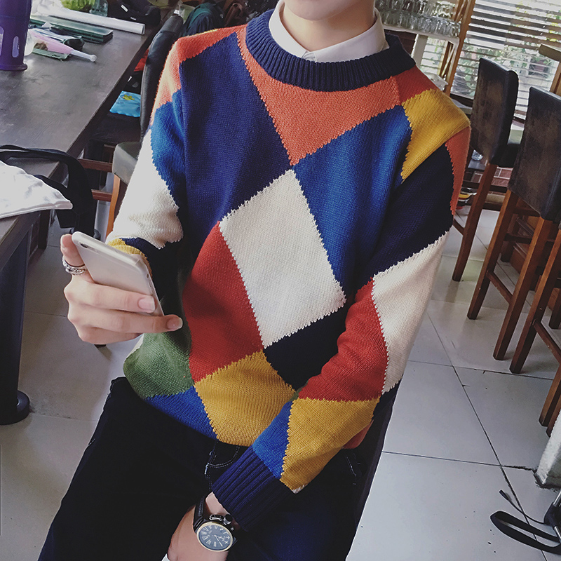 春季新品菱格撞色拼接韓版男士圓領套頭針織衫毛衣