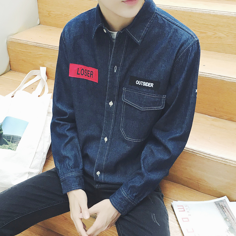 男裝新款韓版字母印花男士寬松襯衫牛仔襯衣外套