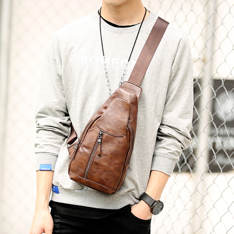 軟皮復古男士單肩斜挎包胸包男韓版腰包運動休閑騎行背包胸前男包